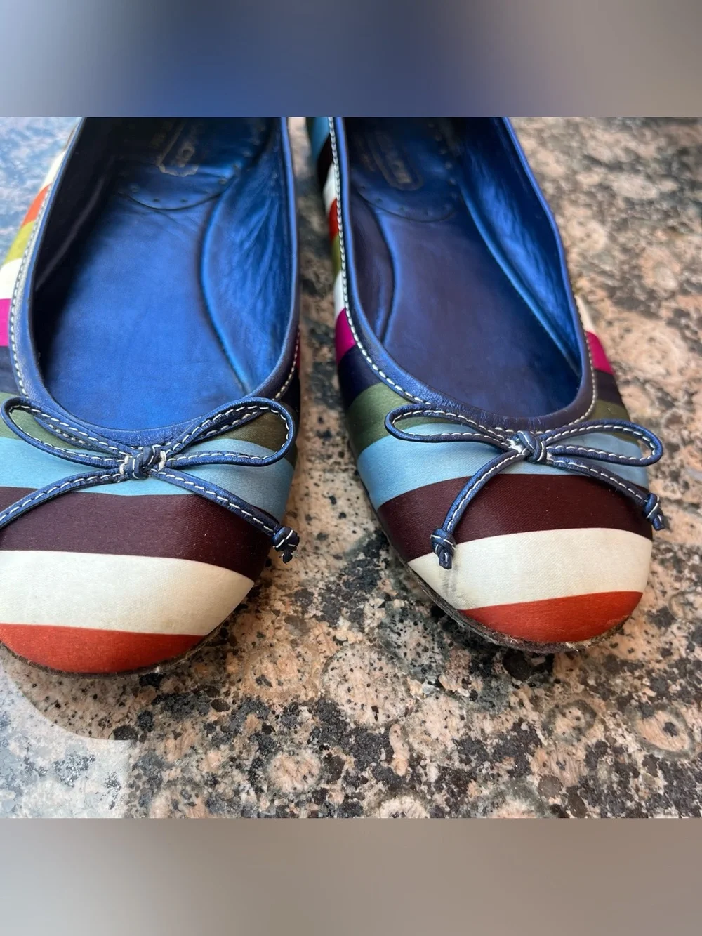 Vintage Y2K Coach Legacy Striped Satin Ballet Flats with a Small Bow Detail.